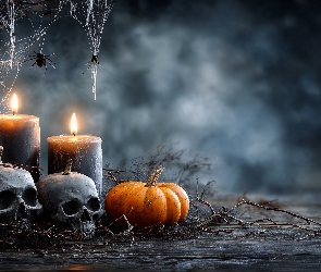 Grafika AI, Halloween, Świece, Czaszki, Dynia, Pajęczyny