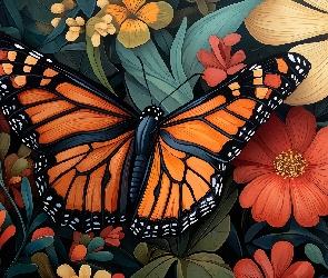 Motyl, Grafika 2D, Listki, Kwiaty, Pomarańczowy