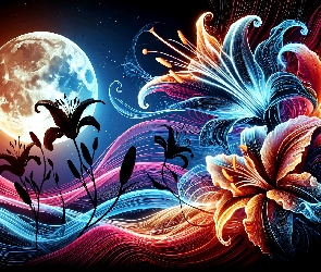 Grafika, Fale, Lilie, Kwiaty, Księżyc, Linie