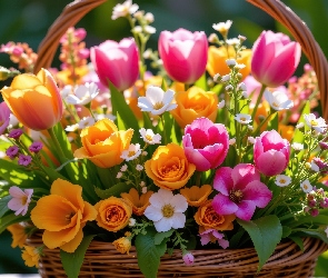 Koszyk, Wiklinowy, Kolorowe, Bukiet, Kwiaty, Tulipany