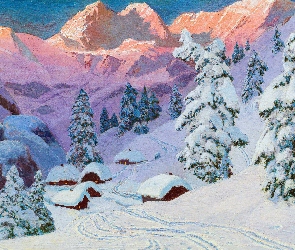 Ślady, Świerki, Ośnieżone, Śnieg, Alois Arnegger, Obraz, Góry, Zima, Malarstwo, Domy
