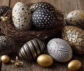 Grafika AI, Gniazdko, Złote, Wielkanoc, Czarne, Pisanki