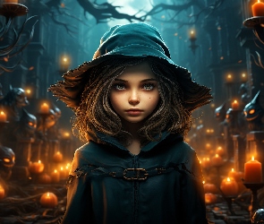AI, Halloween, Kapelusz, Dziewczynka, Dynie, Świece
