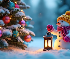 Grafika, Śnieg, Lampion, Bałwan, Choinka, Boże Narodzenie