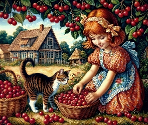 Grafika, Wiśnie, Kot, Dziewczynka, Drzewo, Kosz