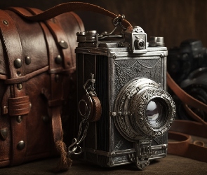 Grafika AI, Antyk, Retro, Aparat fotograficzny, Skórzany, Futerał