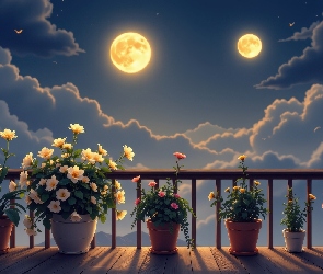 Balkon, Doniczki, Księżyce, Noc, Chmury, Kwiaty