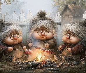 Babcie, Grafika AI, Grill, Ognisko, Trzy