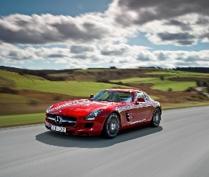 Droga, AMG, Czerwony, Mercedes Benz SLS