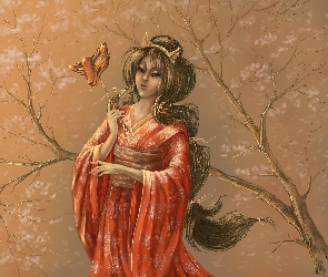 Drzewo, Kimono, Kobieta, Maska