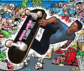 rysunek, mężczyzna, Tony Hawks, deskorolka