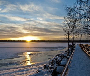 Zachód, Pomost, Zamarznięte, Jezioro, Słońca