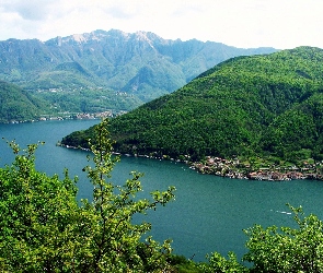 Lago Di Lugano, Góry, Woda, Drzewa, Szwajcaria