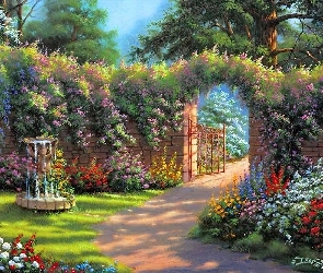 Ogród, Kwiaty, Brama, Mur