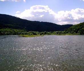 Niebo, Drzewa, Góry, Jezioro