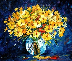 Obraz, Reprodukcja, Leonid Afremov, Kwiaty, Bukiet, Żółte