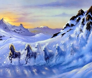 Śnieg, Konie, Pędzące, Góry, Zima