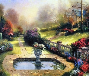 Ogród, Thomas Kinkade, Oczko, Wodne, Kwiaty