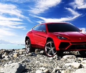 Kamienie, Lamborghini Urus, Czerwony, Niebo, Rzeka