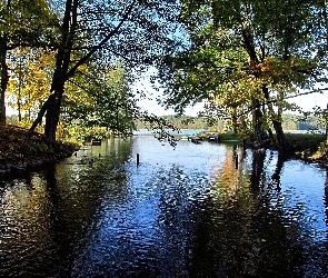 Rzeka, Jesień, Łódki, Drzewa