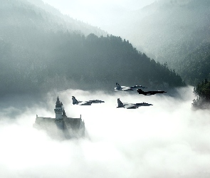 Wzgórza, Zamek, Samoloty, Mgła
