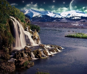 Wodospad, Księżyc, Woda, Góry
