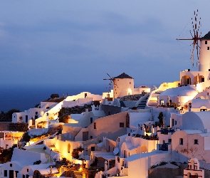 Domy, Grecja, Santorini, Noc, Wiatraki