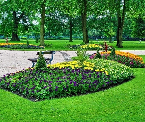Ławka, Alejka, Park, Klomby