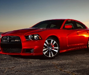 Słońca, Zachód, Charger, Dodge, SRT, Czerwony