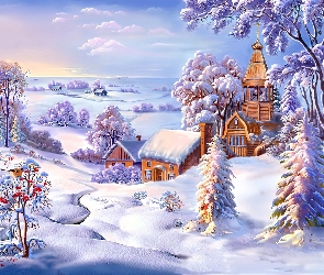 Zima, Śnieg, Kościółek, Drzewa