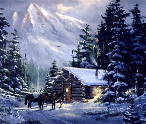 Konie, Drzewa, Góry, Dom, Zima
