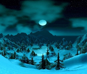 Drzewa, Noc, Księżyc, Góry, Zima