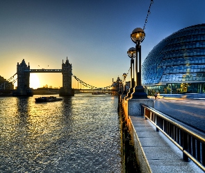 Tower Bridge, Słońca, Londyn, Zachód, Tamiza