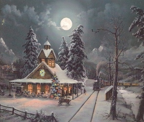 Malarstwo, Narodzenie, Pociąg, Dworzec, Zima, Boże