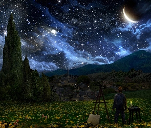 Gogh, Van, Drzewa, Księżyc, Obraz, Vincent