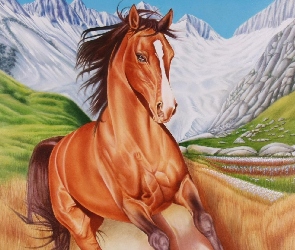Koń, Rysunek, Zieleń, Góry