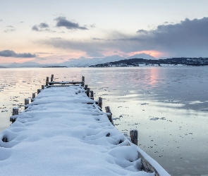 Góry, Zima, Molo, Śnieg, Jezioro