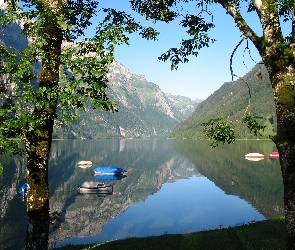 Jezioro, Szwajcaria, Góry, Glarus, Łódki
