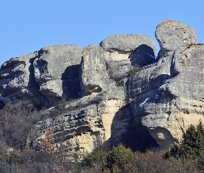 Krzewy, Niebo, Skały