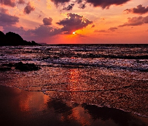 Słońca, Plaża, Fale, Morze, Zachód