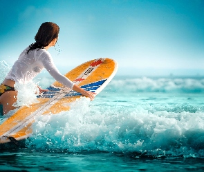 Kobieta, Surfing, Fale, Morze