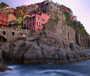 Domy, Skała, Włochy, Manarola, Morze