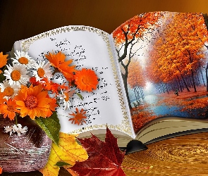 Książka, Art, Jesień, Krajobraz, Kwiaty