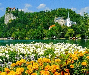 Słowenia, Bled, Zamek, Kośclół, Jezioro, Kwiaty