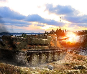 Niszczyciel, Czołgów, Jezioro, Ogień, Drzewa, SU-100