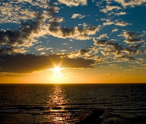 Słońca, Zachód, Morze, Chmury