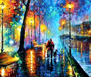 Leonid Afremov, Domy, Latarnie, Ulica, Obraz