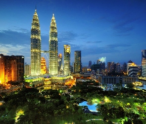 Park, Wieczór, Kuala Lumpur, Malezja, Petronas Towers, Oświetlenie
