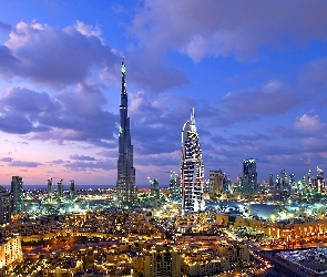 Azja, Zjednoczone Emiraty Arabskie, Panorama, Świt, Miasta, Dubaj