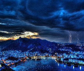 Góry, Rzeka, Noc, Miasta, Rio de Janerio, Chmury, Panorama